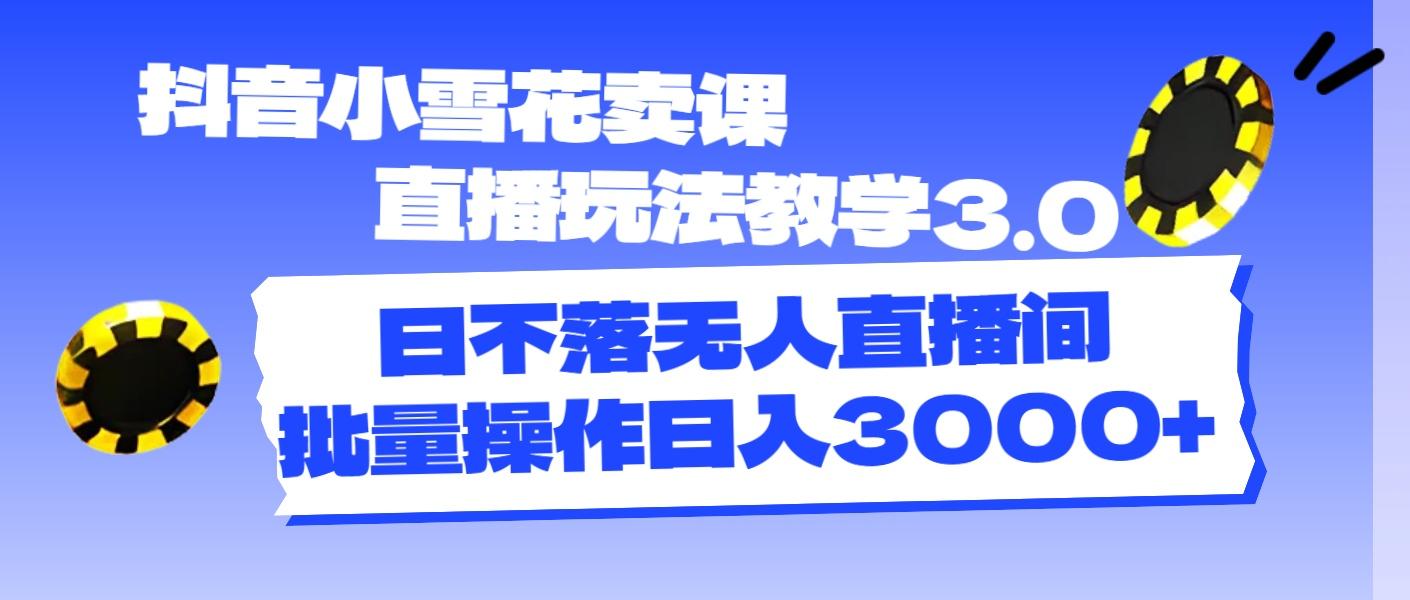 抖音小雪花卖课直播玩法教学3.0，日不落无人直播间，批量操作日入3000+-闲赋网