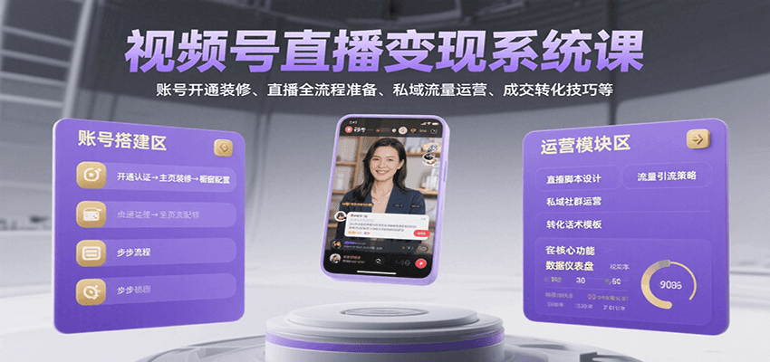 视频号直播变现系统课，账号开通装修、直播全流程准备、私域流量运营、成交转化技巧等-闲赋网