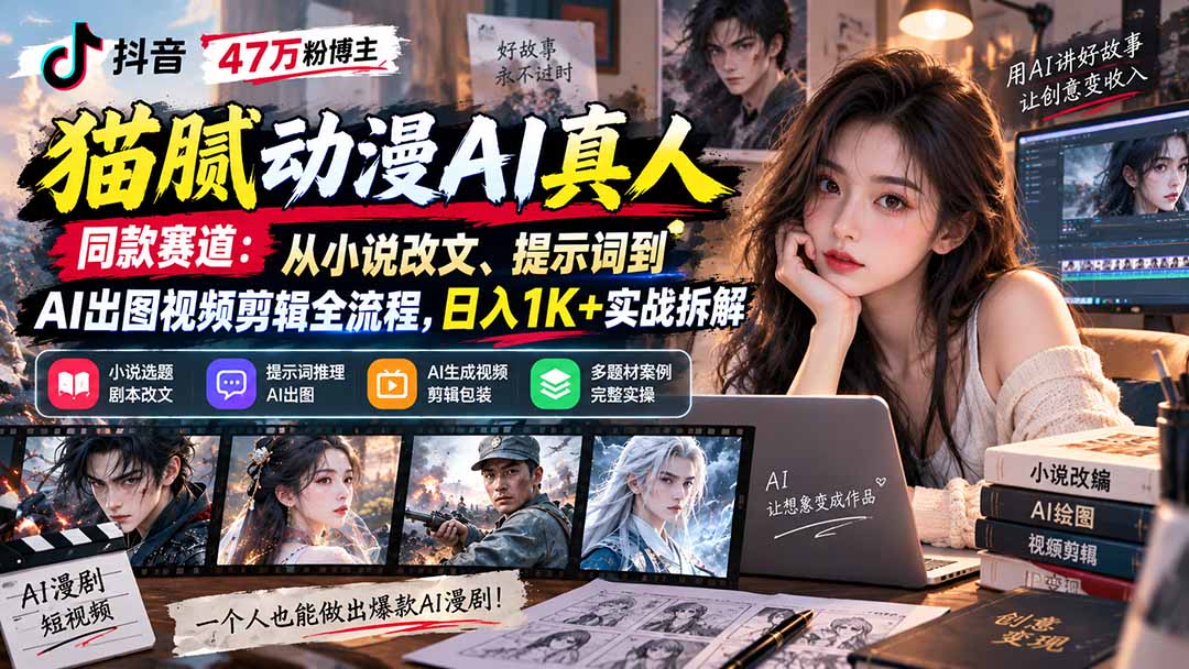 3b50654e352a00e40cc19327e079c5b2.jpeg 抖音47万粉博主猫腻动漫AI真人同款赛道:从小说改文、提示词到AI出图视频剪辑全流程,日入1K+实战拆解