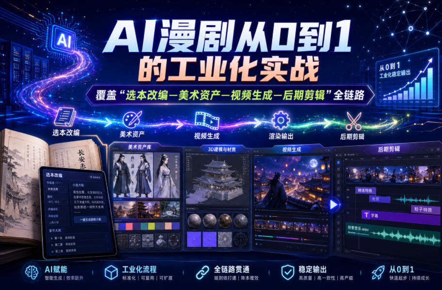 3c7cee04af4d3bfbd997aa504cb268ad.jpeg AI漫剧从0到1的工业化实战,覆盖“选本改编—美术资产—视频生成—后期剪辑”全链路(更新6月)