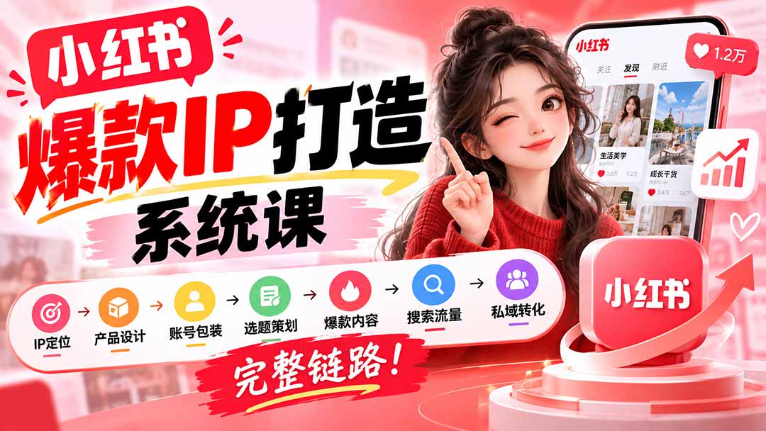 【无水印】小红书爆款IP打造课：IP定位→产品设计→账号包装→选题策划→爆款内容→搜索流量→私域转化，完整链路-闲赋网