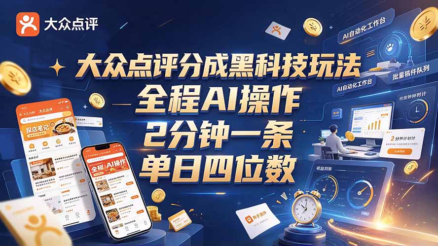 3df629d3514b4e15f4d71cb3748f2379.jpeg 大众点评分成全网独家玩法,AI 全自动出内容,2 分钟一条,小白可冲单日四位数
