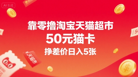 靠零撸淘宝天猫超市50元猫卡，挣差价日入5张-闲赋网