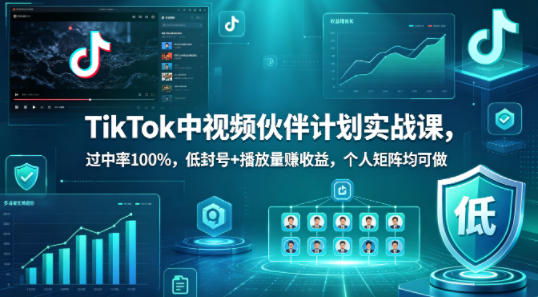 TikTok中视频伙伴计划实战课，过中率100%，低封号+播放量賺收益，个人矩阵均可做-闲赋网