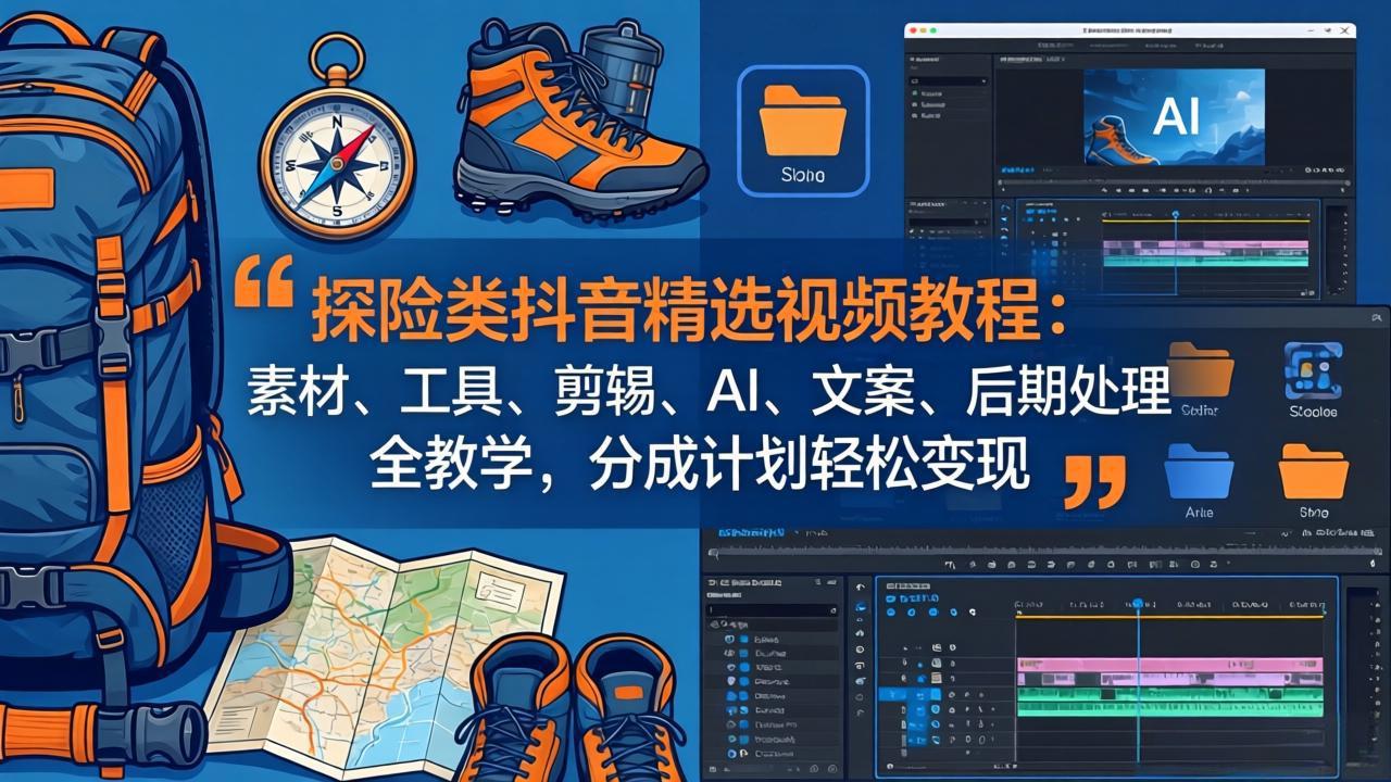 探险类抖音精选视频教程：素材、工具、剪辑、AI、文案、后期处理全教学，分成计划轻松变现-闲赋网