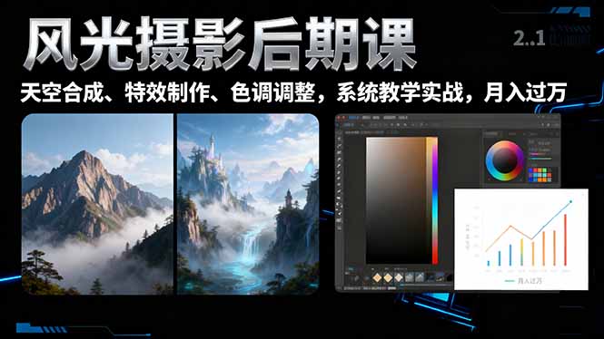 风光摄影后期课，一键换天空合成、特效制作、色调调整，月入过万-闲赋网