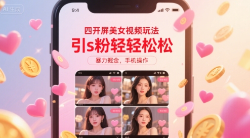 四开屏美女视频玩法，引s粉轻轻松松，暴力掘金，手机操作【揭秘】-闲赋网