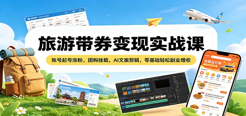 旅游带券变现实战课：账号起号涨粉，团购挂载，AI文案剪辑，零基础轻松副业增收-闲赋网
