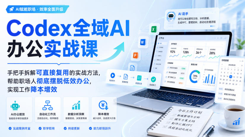 4338d7db9d3b639ea7d266b7b376c771.jpeg Codex全域AI办公实战课,手把手拆解可直接复用的实战方法,帮助职场人彻底摆脱低效办公,实现工作降本增效