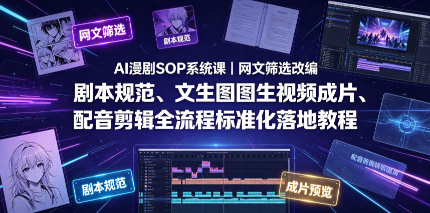 AI漫剧SOP系统课｜网文筛选改编、剧本规范、文生图图生视频成片、配音剪辑全流程标准化落地教程(更新0810)-闲赋网