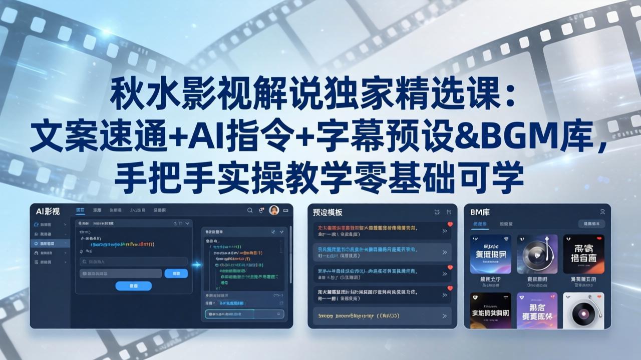 秋水影视解说独家精选课：文案速通+AI指令+字幕预设+BGM库，手把手实操教学零基础可学-闲赋网