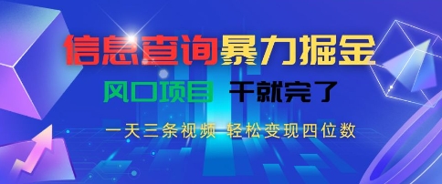 信息查询暴力掘金，一天三条视频，轻松变现四位数，风口项目干就完了【揭秘】-闲赋网