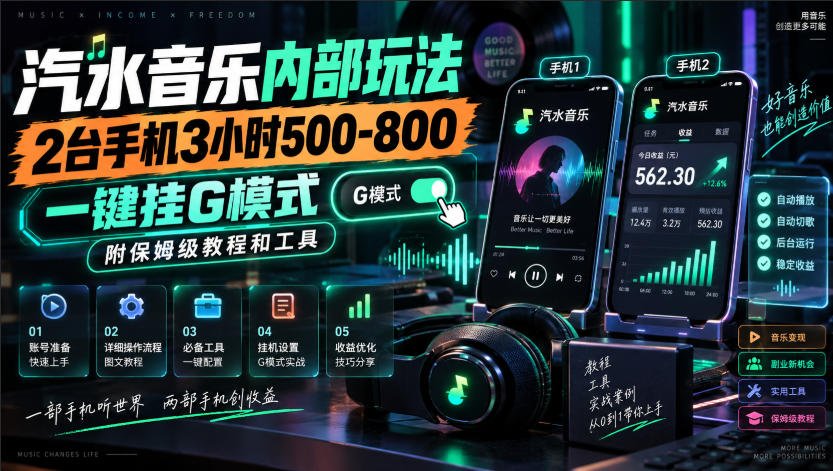 汽水音乐内部玩法，2台手机3小时500-800，一键挂G模式，附保姆级教程和工具【揭秘】-闲赋网
