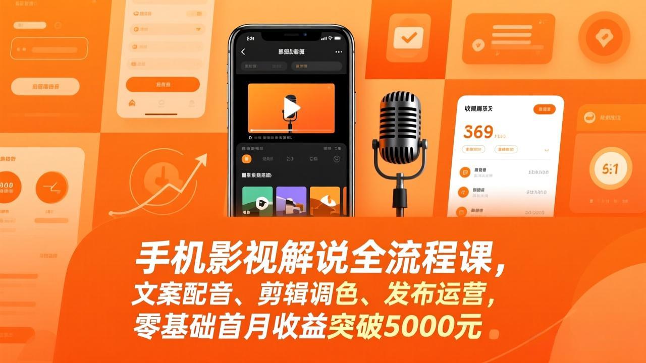 手机影视解说全流程课，文案配音、剪辑调色、发布运营，零基础首月收益突破5000元-闲赋网