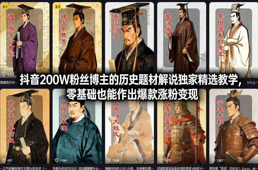 抖音200W粉丝博主的历史题材解说独家精选教学，零基础也能作出爆款涨粉变现-闲赋网
