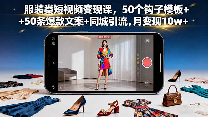 服装类短视频变现课，50个钩子模板+50条爆款文案+同城引流，月变现10w+-闲赋网
