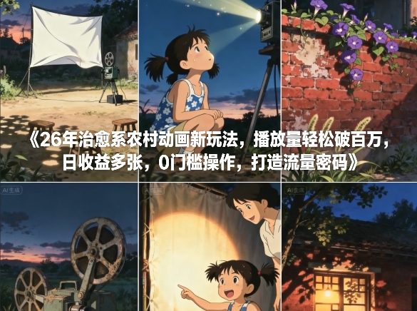 26年治愈系农村动画新玩法，播放量轻松破百万，日收益多张，0门槛操作，打造流量密码-闲赋网