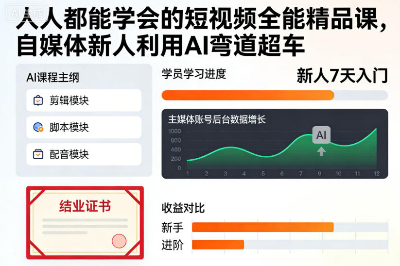 人人都能学会的短视频全能精品课，自媒体新人利用AI弯道超车-闲赋网