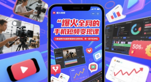 爆火全网的手机短视频变现课，0基础教你拍摄剪辑涨粉运营变现，用一部手机挣钱-闲赋网