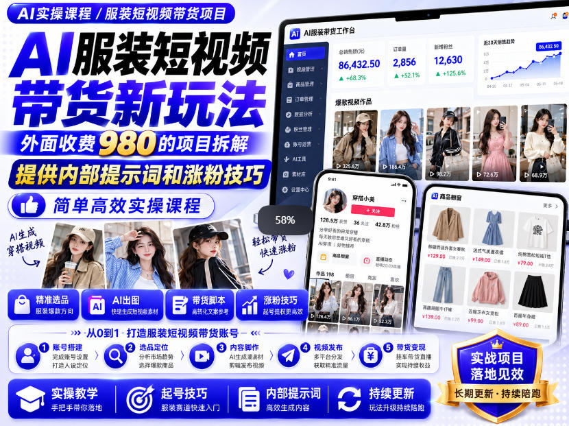 外面收费980AI快手带货系统课程，内部课程首次外放，操作简单高效，一分钟一条爆款视频-闲赋网
