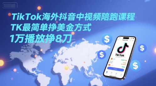 TikTok海外抖音中视频陪跑课程，TK最简单挣美金方式，1万播放挣8刀-闲赋网