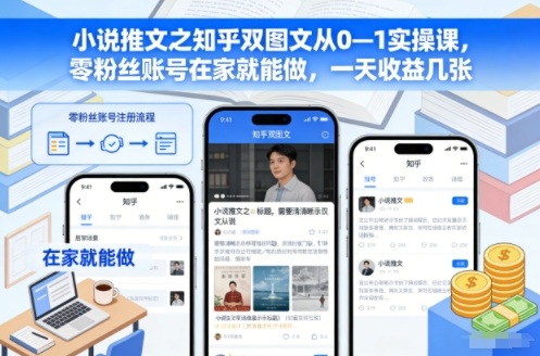 小说推文之知乎双图文从0—1实操课，零粉丝账号在家就能做，一天收益几张-闲赋网
