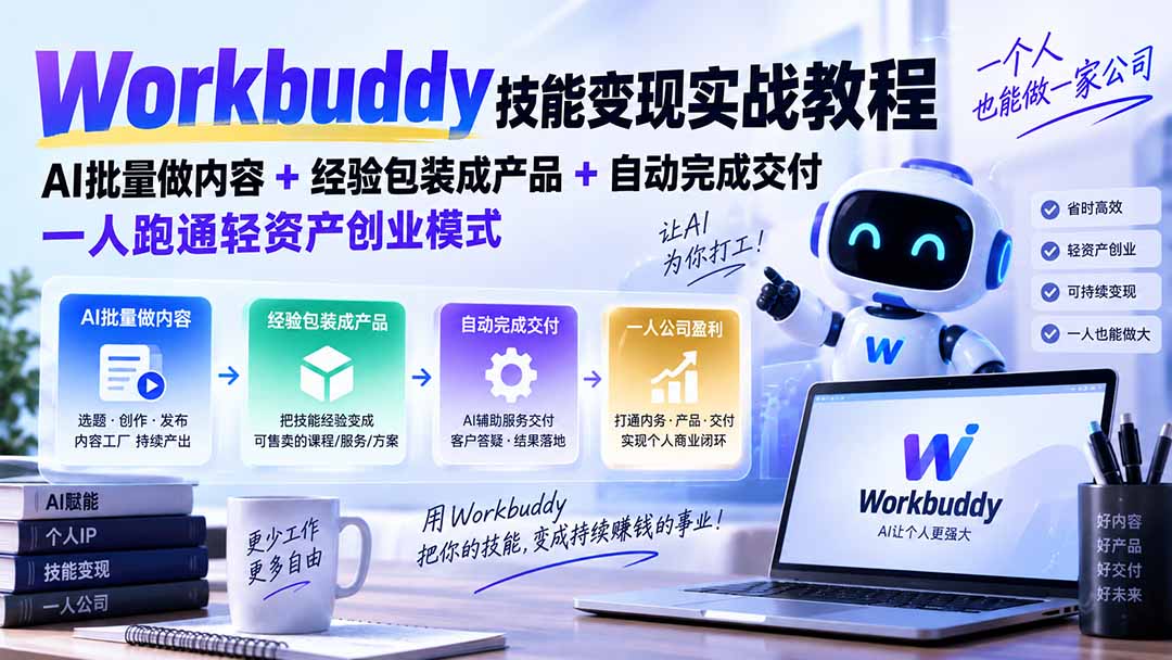 Workbuddy技能变现实战教程：AI批量做内容+经验包装成产品+自动完成交付，一人跑通轻资产创业模式-闲赋网