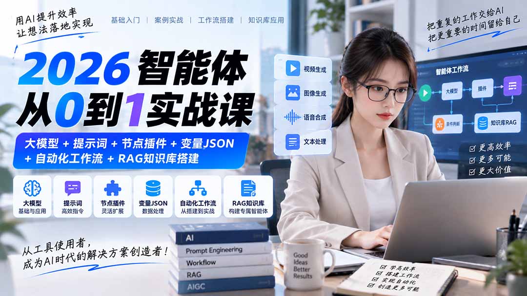 4fb4ae3ab999722b8e1a5ceeabc4a8df.jpeg 2026智能体从0到1实战课|大模型+提示词+节点插件+变量JSON+自动化工作流+RAG知识库搭建