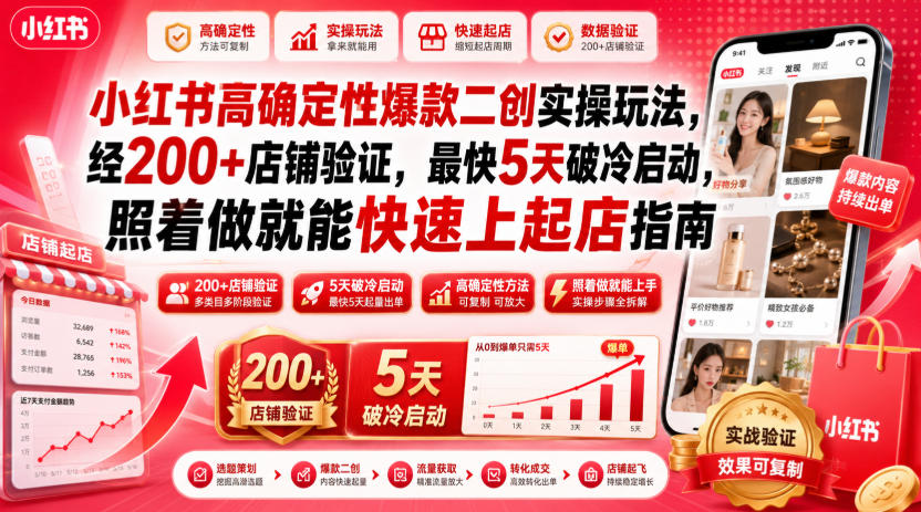 4fc9fdaee5423091f9170c1ff63ae411.jpeg 小红书高确定性爆款二创实操玩法,经200+店铺验证,最快5天破冷启动,照着做就能快速上起店指南