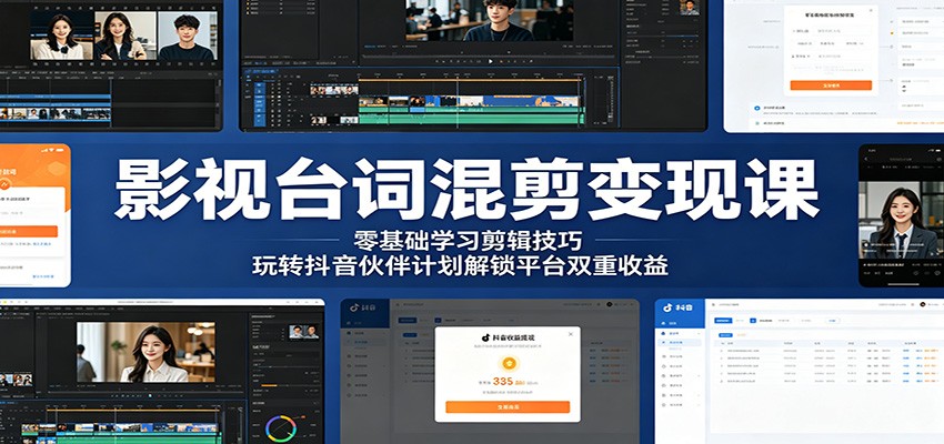 影视台词混剪变现课：零基础学习剪辑技巧，玩转抖音伙伴计划解锁平台双重收益-闲赋网