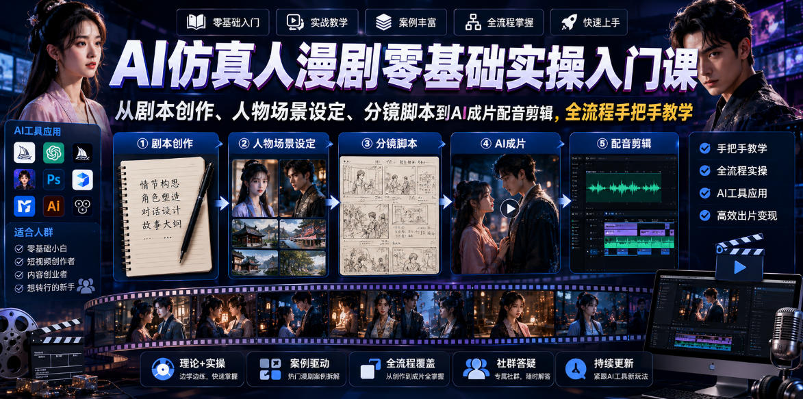 AI仿真人漫剧零基础实操入门课，从剧本创作、人物场景设定、分镜脚本到AI成片配音剪辑，全流程手把手教学-闲赋网