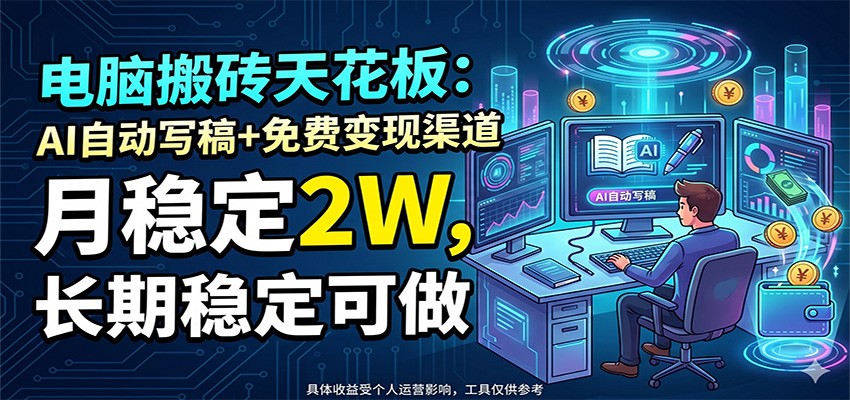 电脑搬砖天花板：AI自动写稿+免费变现渠道，月稳定2W，长期稳定可做-闲赋网