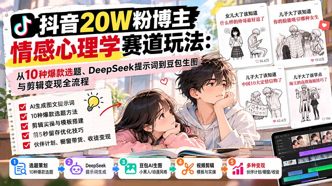 抖音20W粉博主-情感心理学赛道玩法：从10种爆款选题、DeepSeek提示词到豆包生图与剪辑变现全流程-闲赋网