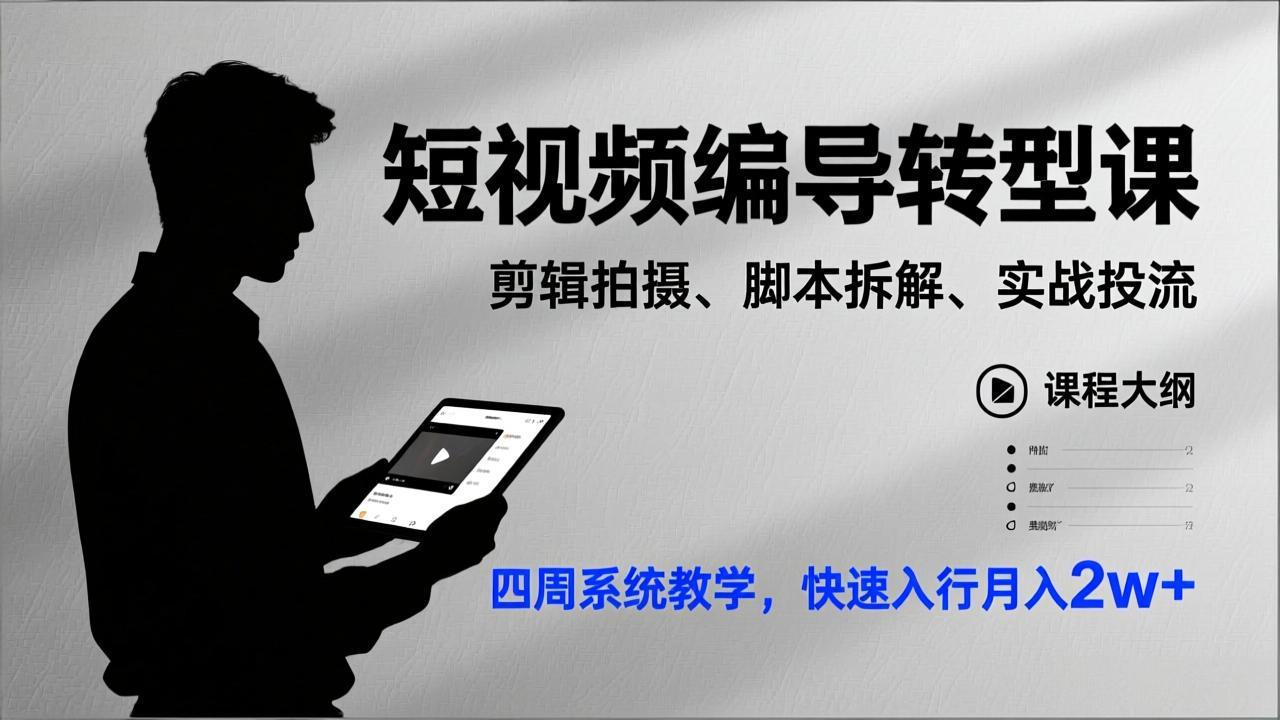 短视频编导转型课，剪辑拍摄、脚本拆解、实战投流，四周系统教学，快速入行月入2w+-闲赋网
