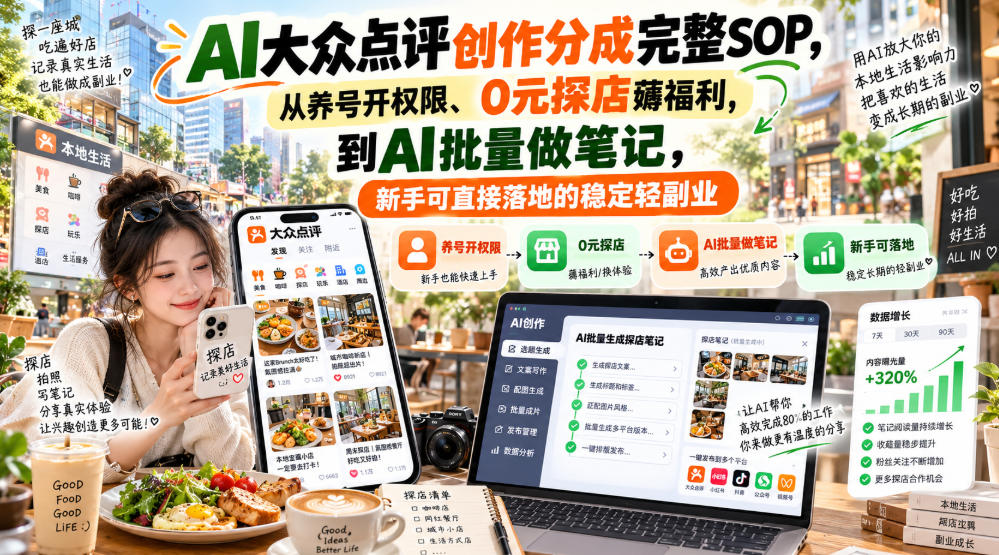 53cc208b59a0f24c8e4de32a036c423a.jpeg 【无水印】AI大众点评创作分成完整SOP,从养号开权限、0元探店薅福利,到AI批量做笔记,新手可直接落地的稳定轻副业