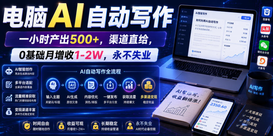 电脑AI自动写作，一小时产出500+，渠道直给，0基础月增收1-2W，永不失业【揭秘】-闲赋网