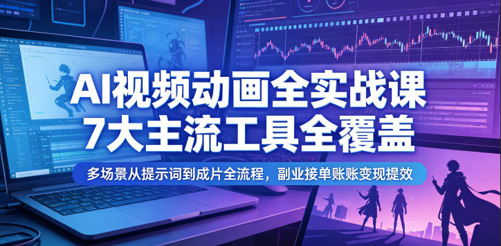 AI视频动画全实战课，7大主流工具全覆盖，多场景从提示词到成片全流程，副业接单账号变现提效-闲赋网