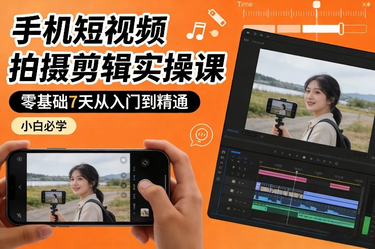 手机短视频拍摄剪辑实操课，零基础7天从入门到精通，小白必学-闲赋网