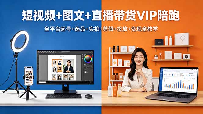 57368f72143532c96ab0ef2e86ba4952.jpeg 短视频+图文+直播带货VIP陪跑,全平台起号+选品+实拍+剪辑+投放+变现全教学