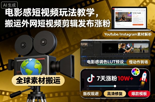 电影感短视频玩法教学，搬运外网短视频剪辑发布涨粉-闲赋网