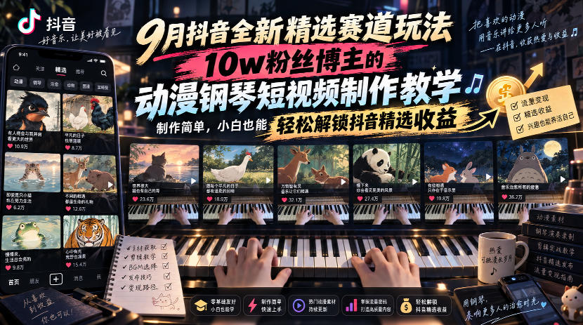 9月抖音全新精选赛道玩法，10w粉丝博主的动漫钢琴短视频制作教学，制作简单，小白也能轻松解锁抖音精选收益-闲赋网