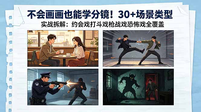 不会画画也能学分镜！30+场景类型实战拆解：约会戏打斗戏枪战戏恐怖戏全覆盖-闲赋网