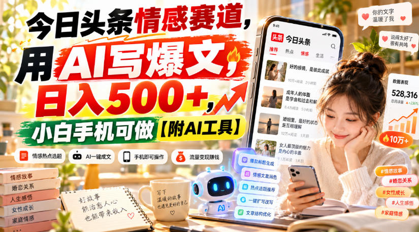 今日头条情感赛道，用AI写爆文，日入500+，小白手机可做【附AI工具】-闲赋网
