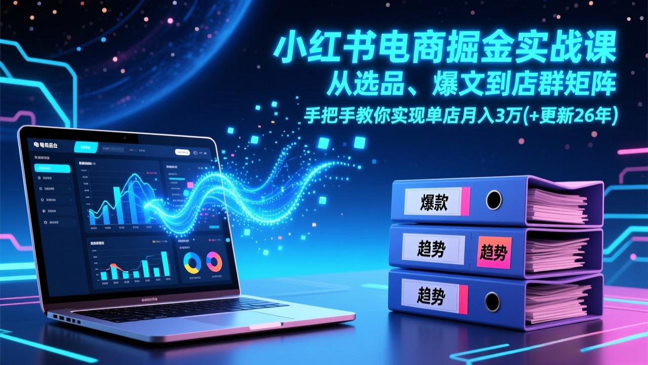 小红书电商掘金实战课，从选品、爆文到店群矩阵，手把手教你实现单店月入3万+(更新26年-闲赋网