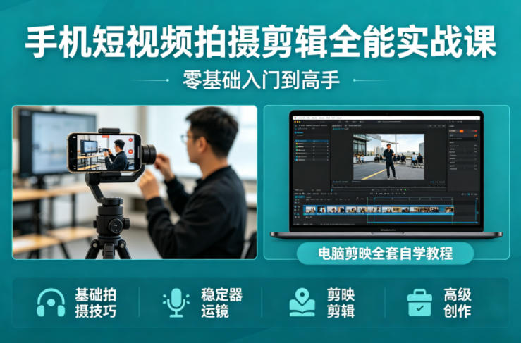 手机短视频拍摄剪辑全能实战课：零基础入门到高手，稳定器运镜+电脑剪映全套自学教程-闲赋网