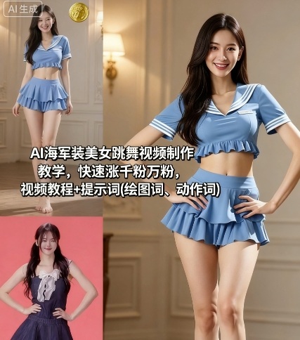 5e8b0a444b4601ad73001bba47ec9e2e.jpeg AI海军装美女跳舞视频制作教学,快速涨千粉万粉,视频教程+提示词(绘图词、动作词)