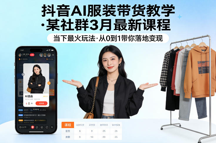 抖音AI服装带货教学，某社群3月最新课程，当下最火玩法，从0到1带你落地变现-闲赋网