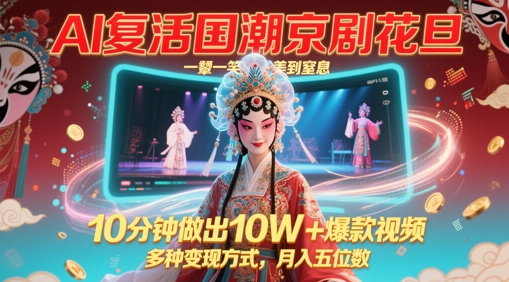 AI复活国潮京剧花旦，一颦一笑美到窒息，10分钟做出10W+爆款视频，多种变现方式，月入五位数-闲赋网