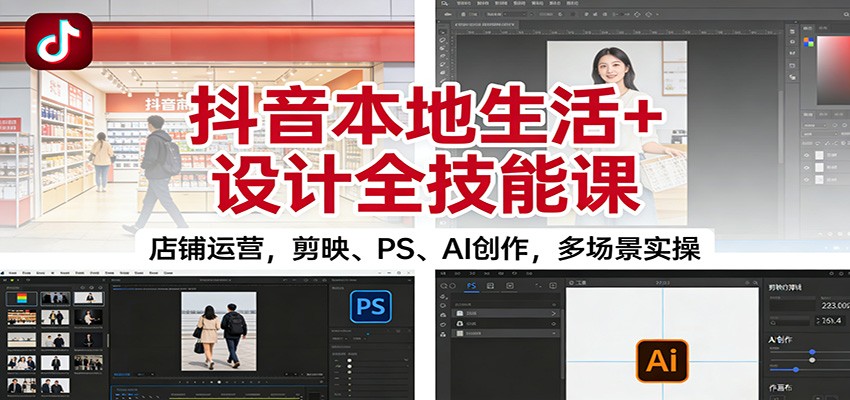 抖音本地生活+设计全技能课：店铺运营，剪映、PS、AI创作，多场景实操-闲赋网