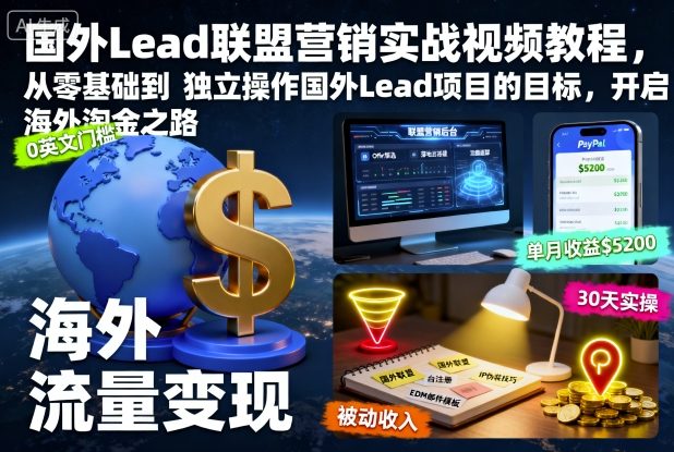 国外Lead联盟营销实战视频教程，从零基础到独立操作国外Lead项目的目标，开启海外淘金之路-闲赋网